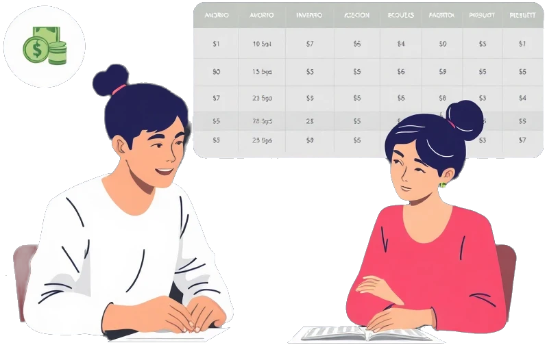 Familia aprendiendo sobre finanzas alrededor de una mesa