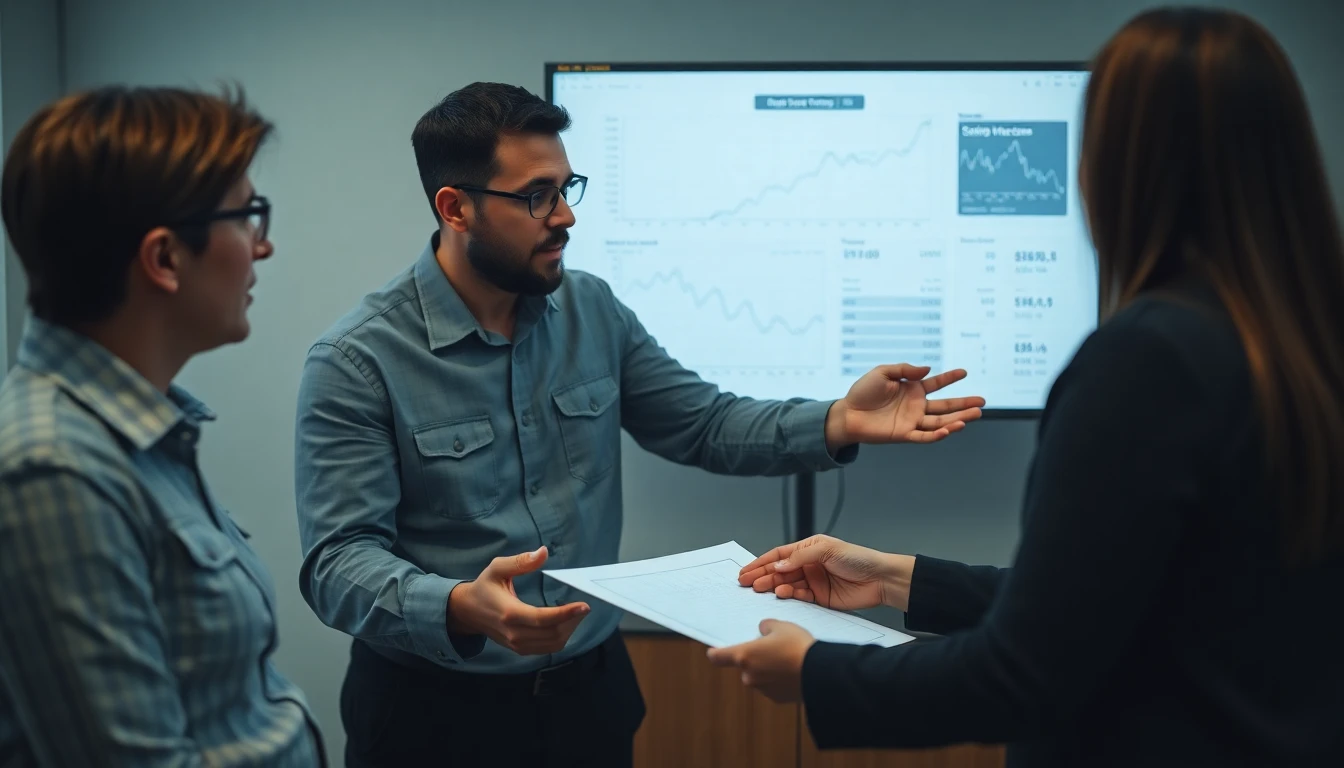 Asesor financiero explicando gráficos y estrategias a una familia